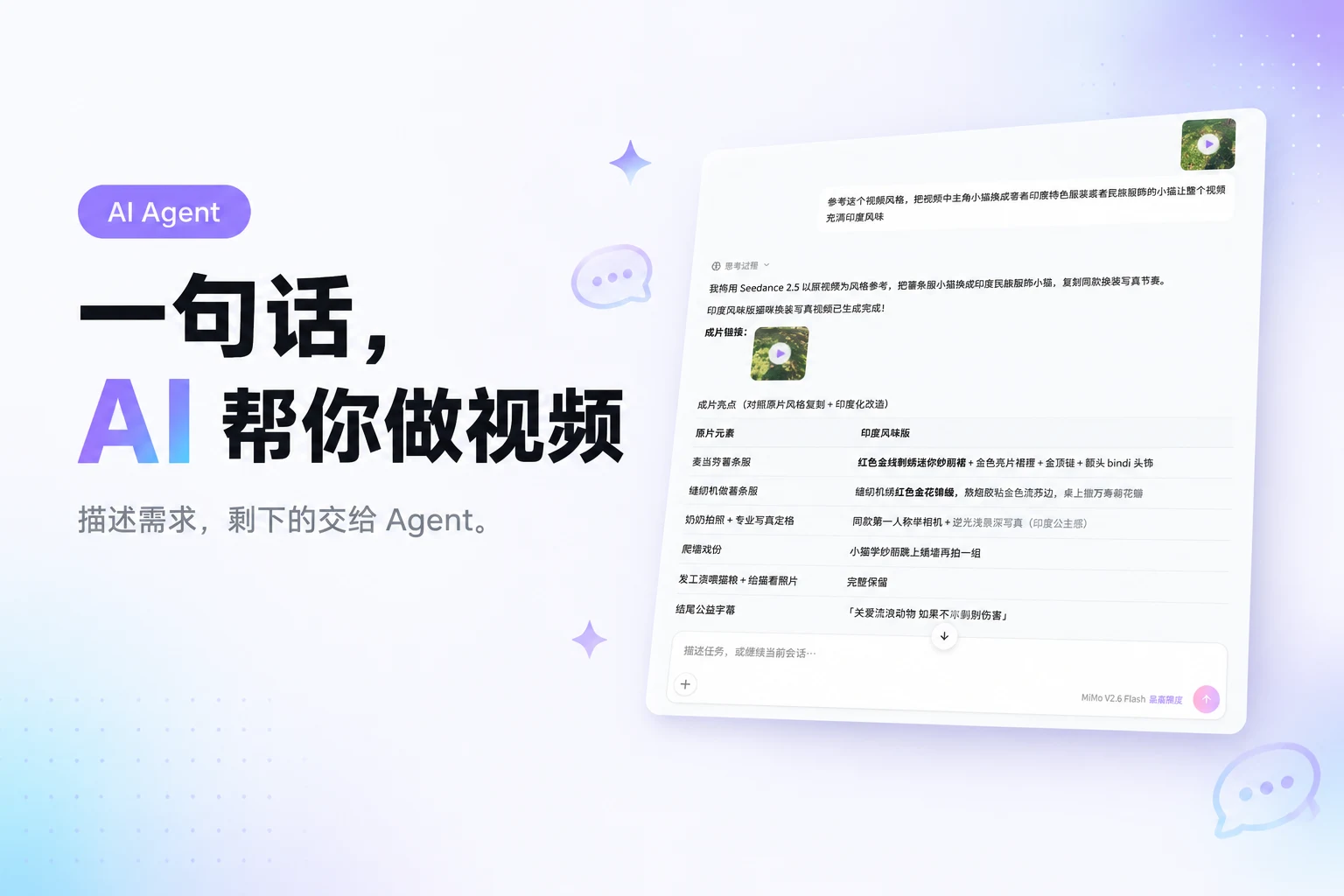 AI Agent session: describe your needs and the video is generated automatically